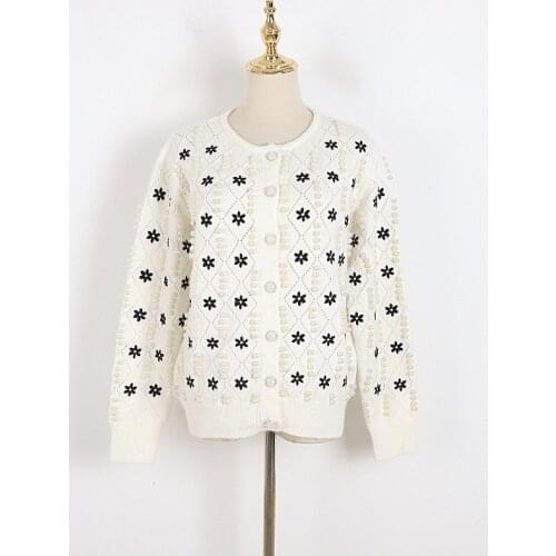 New White Diamond-Shaped Hollow Design Beading Flower Embroidery Knit Cardigan Winter Oversize Single-Breasted Sweater Coat