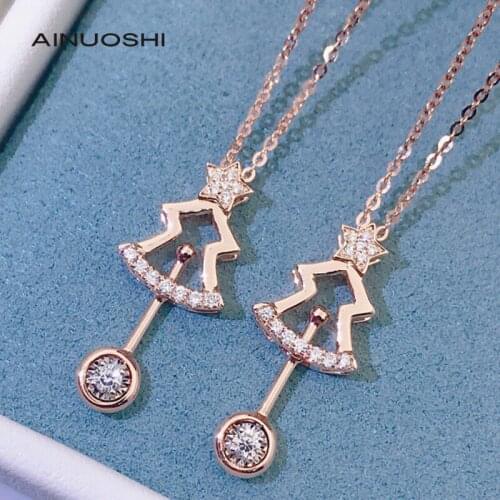 AINUOSHI 18K Gold Round Cut 0.075ct Real Diamond Lovely Christmas Tree Pendant Necklace Exquisite Jewelry Gifts for Ladies 18