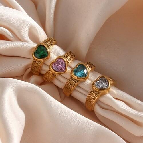 18K Gold Plated Engraving Lucky Cloud Texture on Side Green Purple Blue White Cubic Zirconia Heart Stone Rings For Women