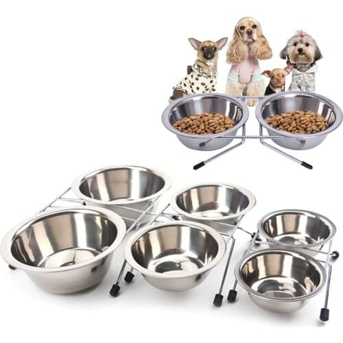 Durable Stainless Steel Double Dogs Bowls Anti Slip Removable Puppy Cats Food Water Pet Feeders Pets Drinking Dish Bowls
