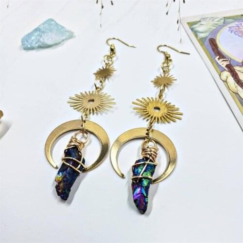 Celestial Aura Crystal Moon Earrings, Flame Aura Hematite Gold Moon Earrings, Wrapped Crystal Jewelry Moon Witch, Crystal Witchy