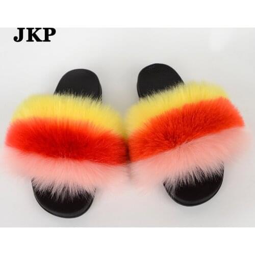 Women Faux Fox Fur Slippers Summer Female Indoor Casual Multicolour Faux Fox Fur Slides Slippers Furry Fluffy Plush Shoes TX03