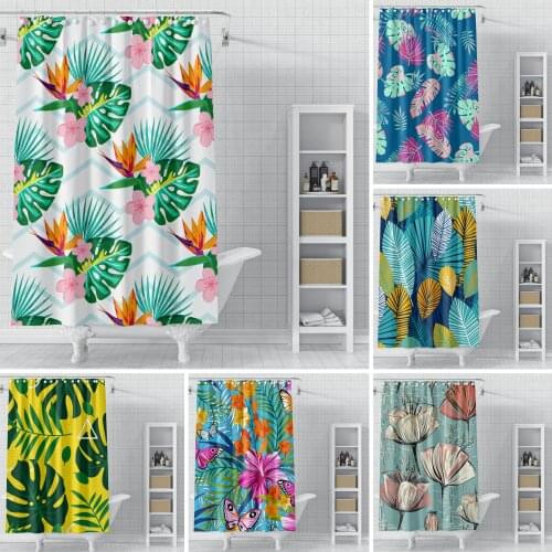 Colorful Tropical Leaves Shower Curtains With Animal Plant Flower Ployester Waterproof Bathroom Curtain With Anti-Rust Hooks