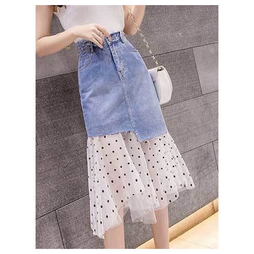 Female Summer New Jean Skirt Women Denim Stitching Mid-calf Mesh A-line Skirt Wave Point Ruffled High Waist Fishtail Skirt W207