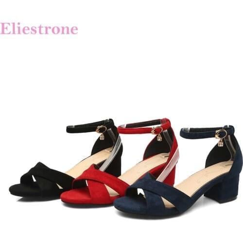 Brand New Summer Elegant Black Red Women Office Sandals Med Chunky Heels Lady Dress Shoes PS07 Plus Big Small Size 10 31 45 47