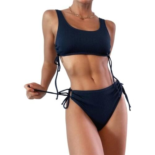 2021 Women’s Lace-up Bikini Suit Solid Color Swimsuit Low Square Neck Drawstring Tank Tops With Side Tie Triangle Bottom Biquini
