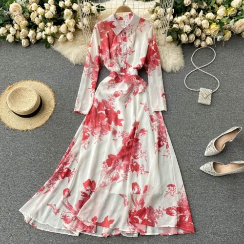 SINGREINY Women French Print Maxi Dress Turndown Collar Long Sleeve Button A-line Dresses Autumn Fashion Streetwear Long Dress