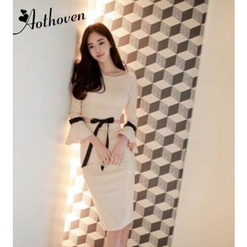 Spring Slim Women Dress Office Bandage Party Sexy Vintage Bodycon Vestidos Dresses Hollow Out O Neck Full Flare Sleeves Dress