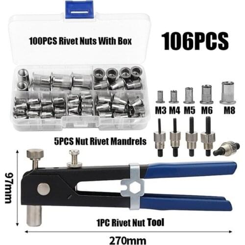 106PCS Hand Riveter Nut Rivet Gun Kit M3/M4/M5/M6/M8 Manual Threaded Nut Rive Tool Stainless Steel Household Repair Tools