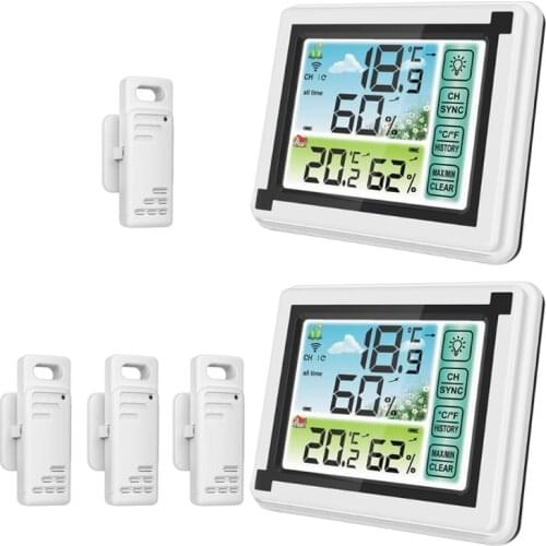 Wireless Touch Screen Weather Station Indoor Outdoor Max Min Temperature meter Humidity Record ℃ ℉ Weather Monitor Clock
