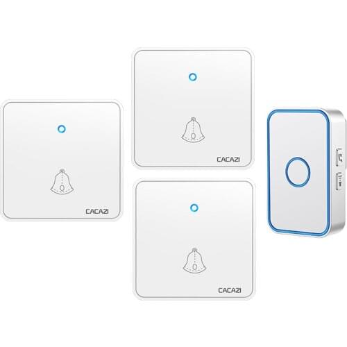 CACAZI Wireless Doorbell Waterproof 60 Chime CR2032 Battery Home Cordless Flash Door Ring Bell US EU UK Plug 3 Button 1 Receiver