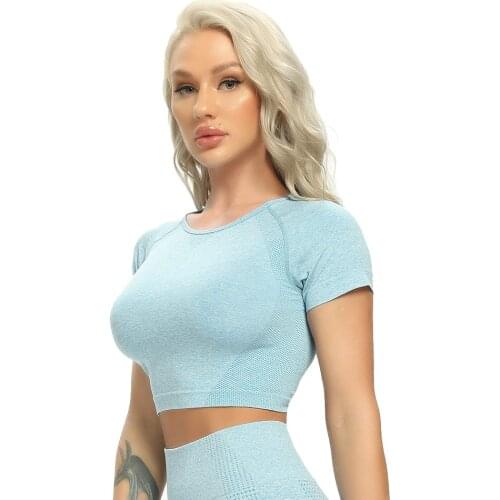 Seamless Yoga Tops Fitness Women Workout T-shirts Cycling Yoga Shirt Solid Sports Short Sleeve Crop Top Gym Running Sportswear