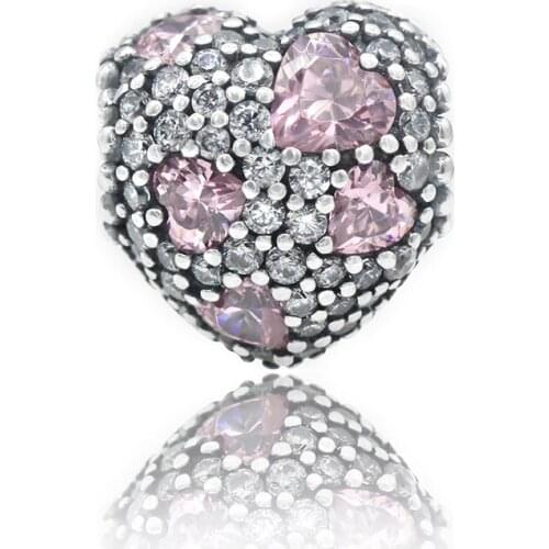 925 Sterling Silver Heart Charm with Pink&Clear CZ Beads Fit Original Pandora Charms Bracelet Necklace Women Jewelry Making