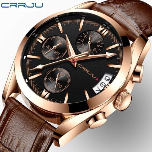 CRRJU Mens Chronograp Sport Watches Luxury Quartz Gold Watch Men Casual Leather Business Waterproof WristWatch Relogio Masculino