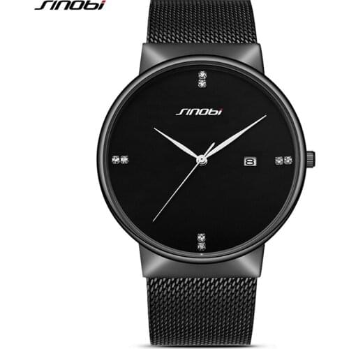 SINOBI Man Watch Ultra Thin Simple Mens Wirstwatch Mesh Strap Big Dial Waterproof Male Quartz Clock Black Business Erkek Saat