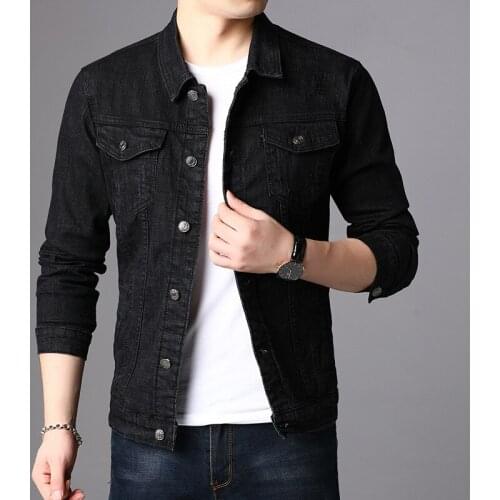 Spring Mens Retro Denim Jackets Fashionable Slim Casual Coat Turn Down Collar Quality Cotton Long Sleeve Outdoor Black Jacket