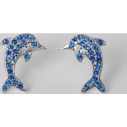 Personality Design Dolphin Modelling Stud Earring Fashion Women Silver Plated CZ Blue Crystal Earring Elegant Lady Party Jewelry