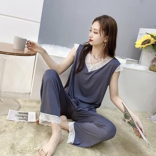 Fdfklak Summer Womens Plus Size Pajamas Set V-Neck Pyjamas Suit Two Pieces Loungewear Lady XXL 3XL Large Sleeveless PJ Sets