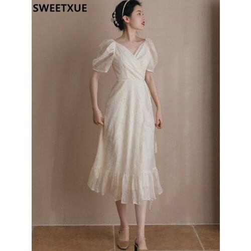 SWEETXUE 2021 Summer New Womens Retro French Puff Sleeve Chic Chiffon Dress Elegant Lace Sweet Fairy Fairy Holiday Dress Ladies