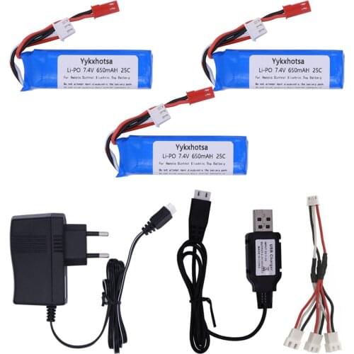 Lipo Battery for WLtoys A202 A212 A222 A232 A242 A252 4WD RC Car 7.4V 650mAh with charger 3in1 cable set 2S 7.4 V lipo battery
