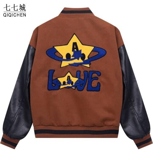 Mens Hip Hop Varsity Jackets Furry Stars Patchwork Bomber Jackets Streetwear Fashion Baseball Letter Sleeve Coats Unisex 2021