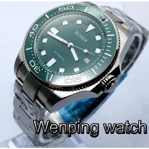 Bliger 43mm Mens Top Business Watch Silver Case Sapphire Glass Ceramic Bezel Green Dial Date Luminous Mens Automatic Watch