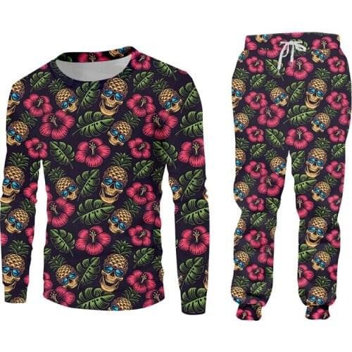 Mens Tracksuit Jacket And Jogger Pants Pineapple Skull 3D Printed Casual Floral Leaves Womens Suit Hip Hop Harajuku Tracksuit