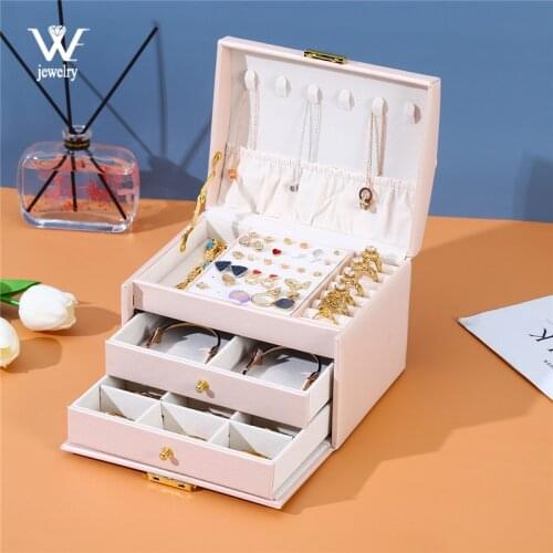 WE Cherry 3-layer Multi-function PU Travel Portable Locked Jewelry Storage Box Ring Earring Necklace Organizer Case Accessories