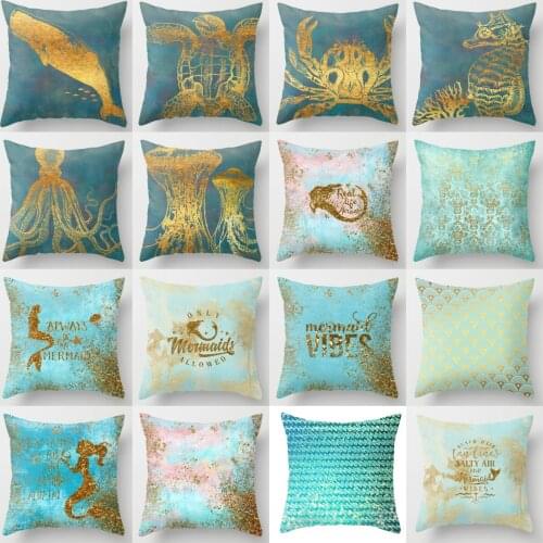 New Gold Pink Marine Organism Blue Cushion Cover Whales Jellyfish Mermaid Print Blue Pillow Cover Nordic Geometric Throw Pillows