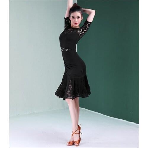 2019 New Arrival Flamenco Dancing Dress Black Lace Tassel Latin Skirt Adult Dance Performance Costumes Ballroom Clothing B0083