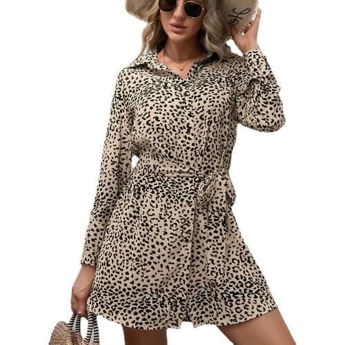 Leopard Print Long-sleeved Shirt Dress Turn-down Collar Knee-Length Blue Dress Women Autumn Clothing