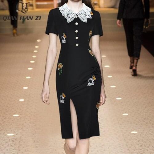 Qian Han Zi spring fashion designer fall dress vintage Lace lapel Buttons Flower embroidery Slim Party High split bodycon dress
