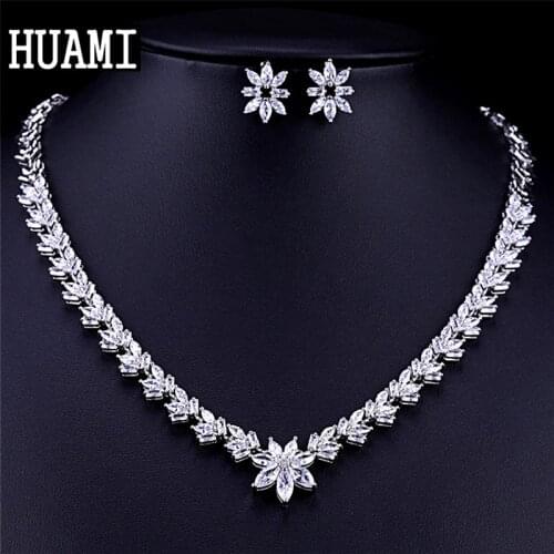 HUAMI Simple Flower Stud Earrings and Necklace Sets Fine Jewelry Bridesmaids Gift for Women Joyeria Fina Para Mujer Silver Color