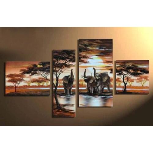 Hand-painted cheap wall frames African forest elephants home decoration abstract Landscape oil painting on canvas 4pcs/set