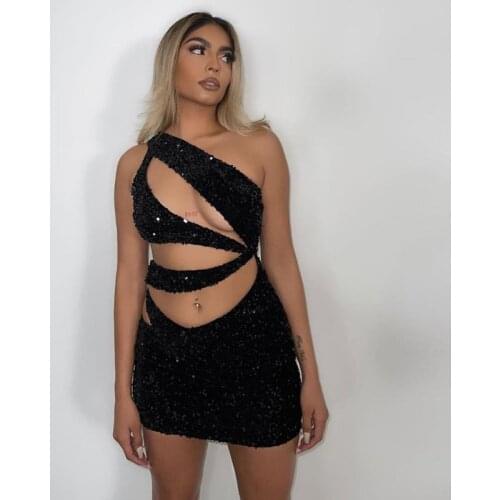 Adogirl Sexy Evening Party Club Women Sequin Bandage Black Mini Dress 2021 Slash Neck Hollow Out Backless Bodycon Dresses