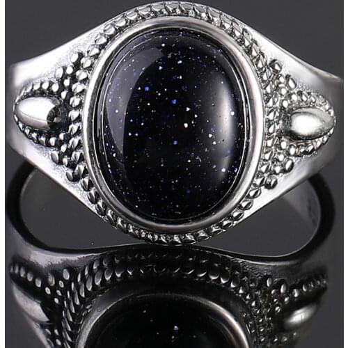 S925 Sterling Silver Ring 8x10mm Blue Sandstone Stone Personalized Rings for Women Wedding Jewelry Gift Fine Jewelry Punk Style