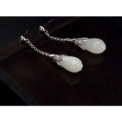 Natural 925 sterling silver inlaid hetian jade earrings, white jade ladies, temperament magnolia flower earrings women earrings