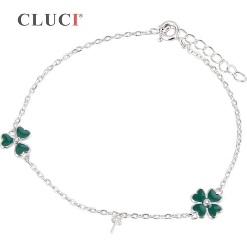 CLUCI Jewelry Authentic 925 Sterling Silver Jewelry Finding to stick pearl Crystal Four Leaf Clover Heart Charm Bracelet SB065SB