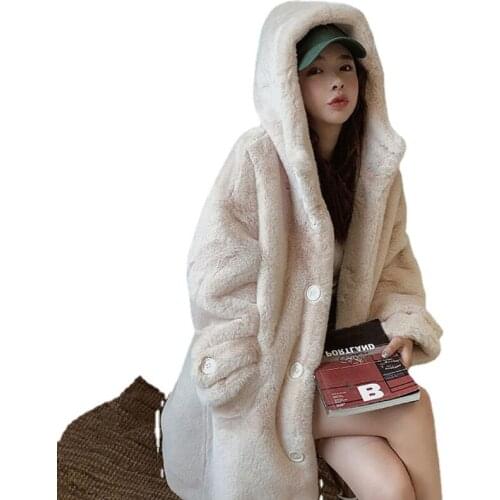 2021 New Winter Women Faux Rabbit Fur Coat Loose Long Fur Coat Large Size Hooded OverCoat Thick Warm Female Plush Coats