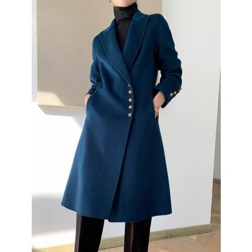 Blue tweed coat womens middle long 2021 new autumn and winter Korean slim double-sided cashmere wool coat