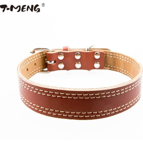 T-MENG Strong Genuine Cow Leather Pet Dog Collar Solid Color Double Lines Large Dog Collar Pet Products Suppliers