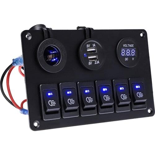 6 Gang LED Switch Panel 12V Power Outlet USB Charger 3.1A Digital Voltmeter Toggle Switch Control For Car Boat Camper Marine RV