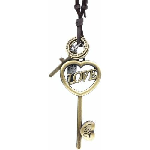 DGW jewelry LOVE key charm necklaces & pendants kolye, Vintage leather Necklace Men collier femme Men necklace