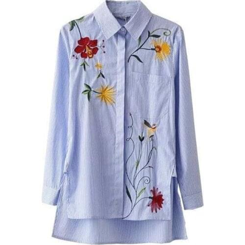 Autumn Floral Embroidered Cotton Women Blue Stripe Shirts Turn-down Collar Summer Tops Chemise Femme Manche Longue