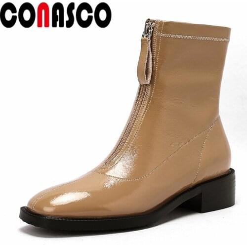 CONASCO 2021 Women Ankle Boots Autumn Winter Warm Genuine Leather Casual Prom Shoes Concise Front Zipper Design Woman