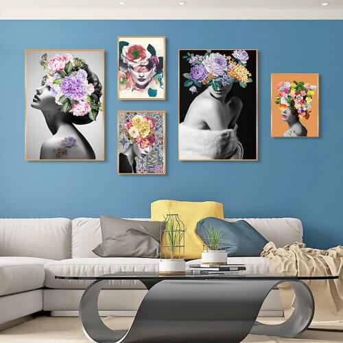 Flower Head Women Posters and Prints Nordic Figure Canvas Painting Girls Wall Art Flower Picture for Living Room Home Decoration