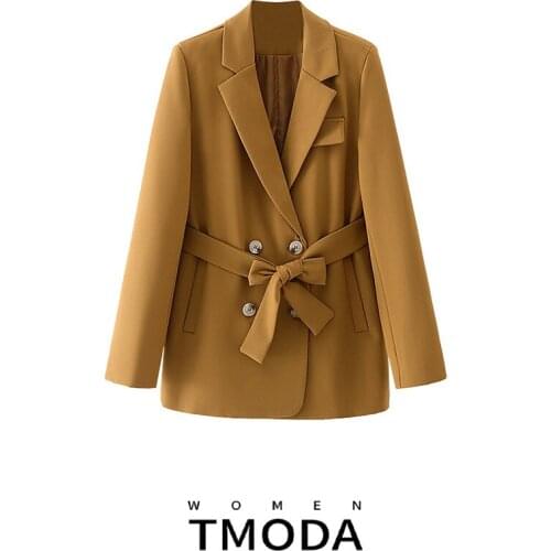 TMODA370 Women 2020 Fashion with Belt Double Breasted Blazer Coat Vintage Long Sleeve Pockets Female Outerwear Chic Tops