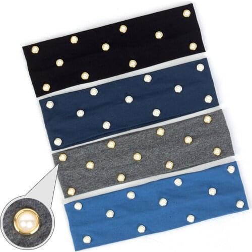 Women Pearls Hairband Girls Fashion Rhinestones Hair Accessories Female Cotton Turban Plain Flat Elastic Hair Bands DIY Headwrap