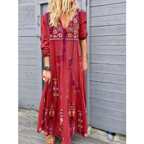 Flower Print Long Maxi Dress for Women 2021 Casual Loose Long Sleeve Tassel Dresses Drawstring Vintage Boho Beach Dress Vestido