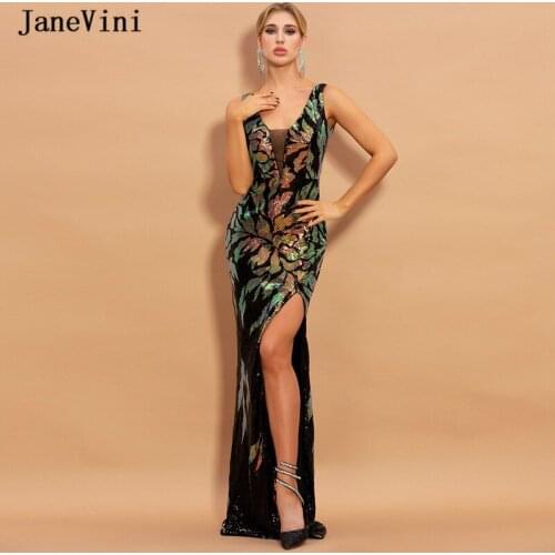 JaneVini Sexy Deep V Neck Dubai Long Evening Dresses for Women 2020 Colorful Sequins High Side Split Mermaid Formal Party Gowns